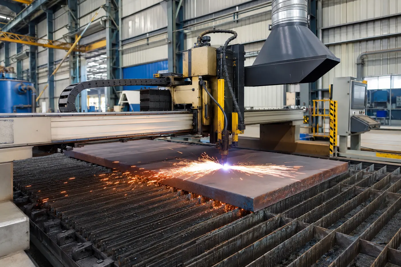 CNC cutting machine processing a thick steel plate