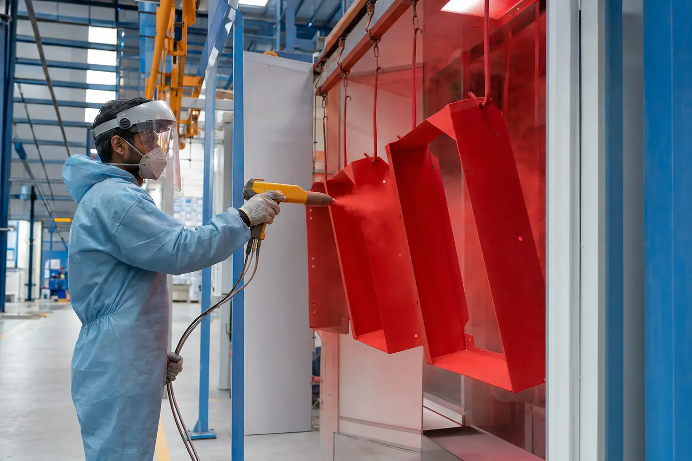 Powder coating applied to suspended metal components
