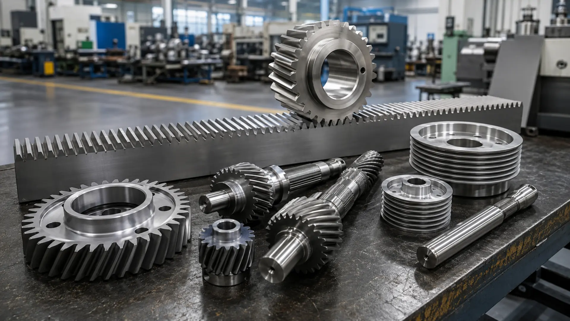 Racks, pinions, gears, pulleys and shafts